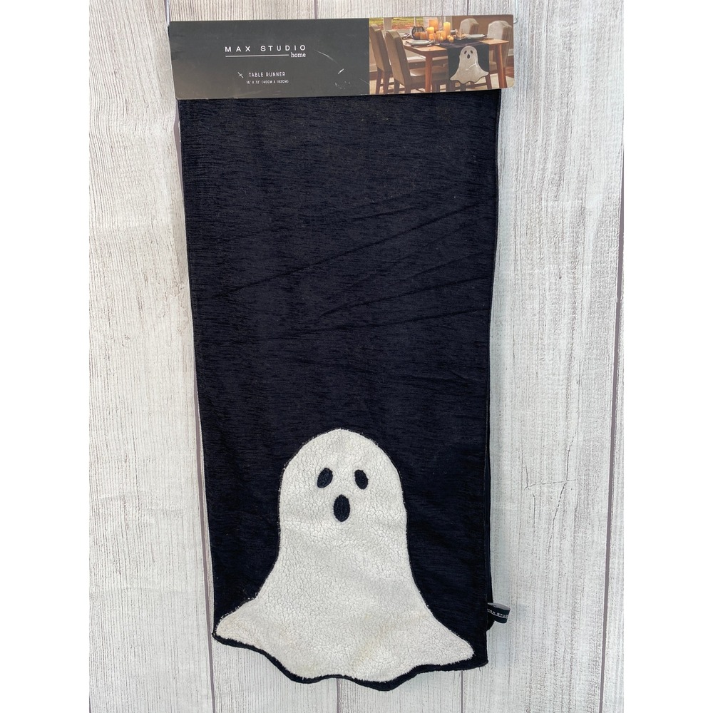 Max Studio Home Table Runner Halloween 16x72 Black White Ghost Sherpa Applique